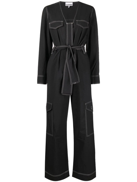  Ganni Belted Contrast-stitch Jumpsuit - Black 
