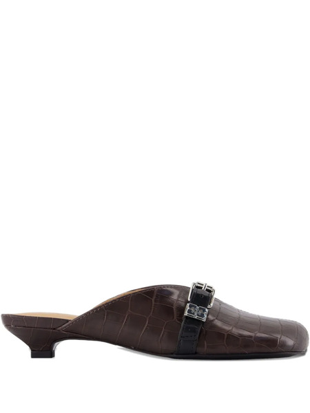  Ganni Buckle-detail Croco-embossed Mules - Brown 
