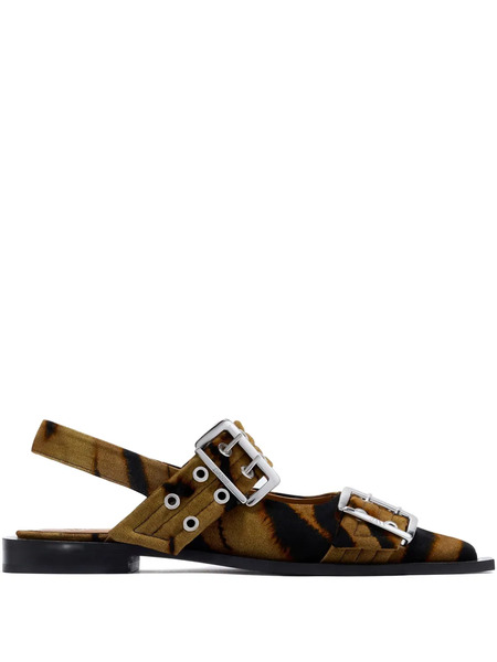  Ganni Buckle-detail Zebra-print Mules - Brown 