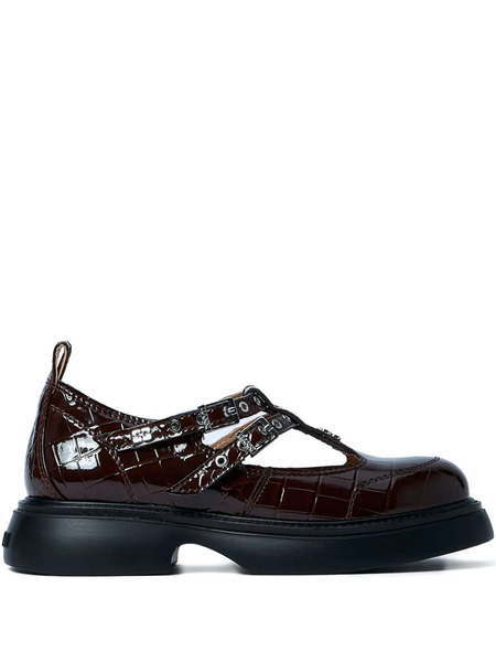  Ganni Butterfly Crocodile-effect Buckle Loafers - Brown 