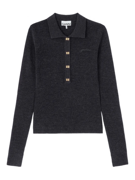  Ganni Buttoned Collar Polo Shirt - Grey 