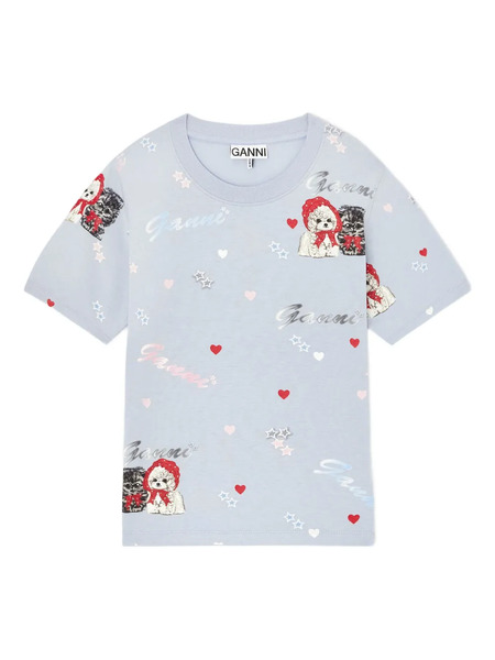  Ganni Cat-print Short-sleeve Top - White 