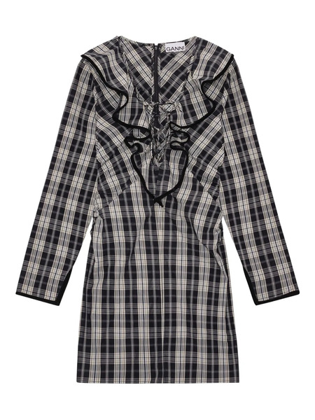  Ganni Check Ruffled Mini Dress - Black 