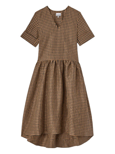  Ganni Checked V-neck Dress - Brown 