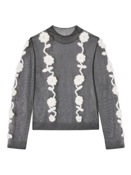  Ganni Crochet-flowers Mesh Top - Black 