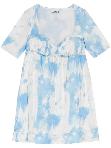  Ganni Graphic-print Satin Minidress - Blue 