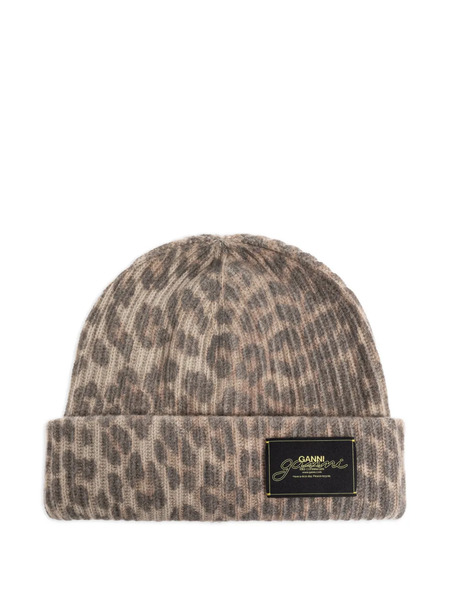  Ganni Leopard Logo Beanie Hat - Brown 
