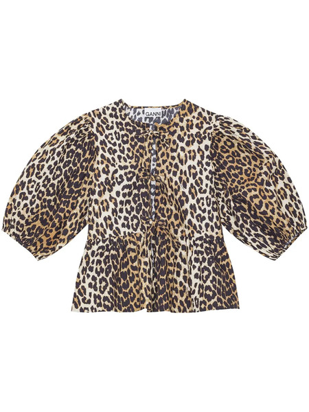  Ganni Leopard-print Organic-cotton Blouse - Brown 
