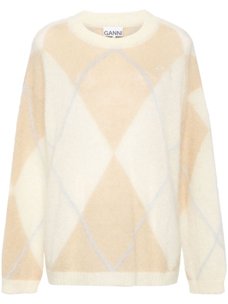  Ganni Logo-embroidered Argyle-intarsia Jumper - Brown 