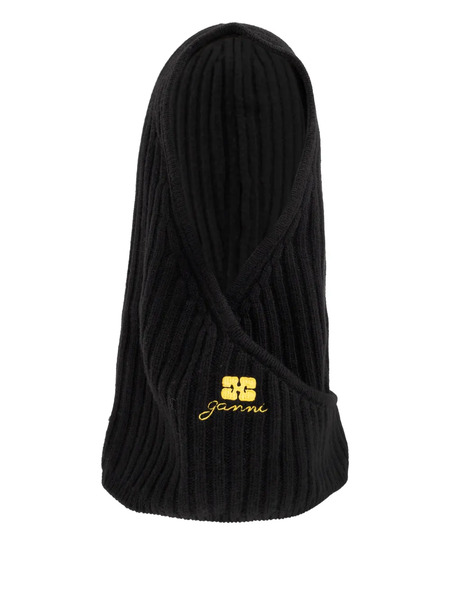  Ganni Logo-embroidered Ribbed Balaclava - Black 