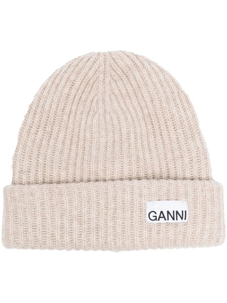  Ganni Logo-patch Ribbed Beanie - Neutrals 
