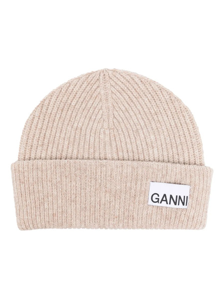  Ganni Logo-patch Ribbed-knit Beanie - Neutrals 