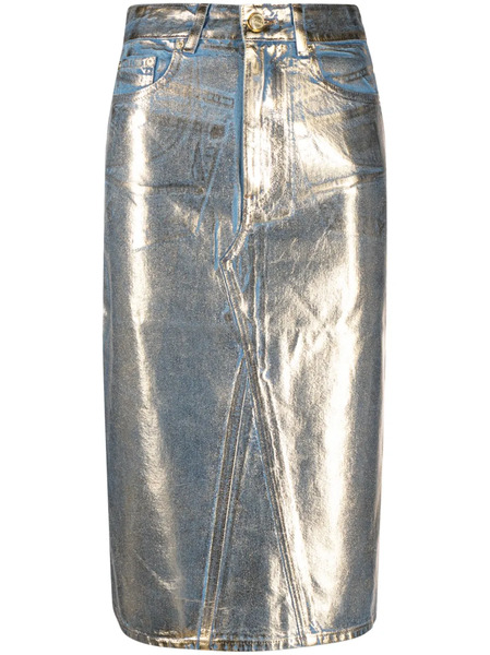  Ganni Metallic-finish Denim Midi Skirt - Blue 
