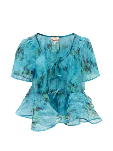  Ganni Printed Peplum Blouse - Blue 