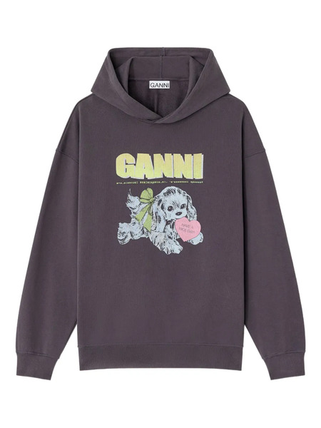  Ganni Puppy-print Hooded Sweatshirt - Grey 