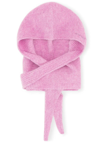  Ganni Ribbed-knit Logo-embroidered Balaclava - Pink 