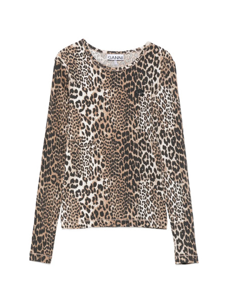  Ganni Ribbed Leopard-print T-shirt - Neutrals 