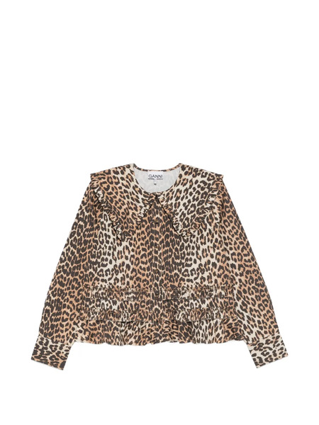  Ganni Ruffled Leopard-print Shirt - Brown 