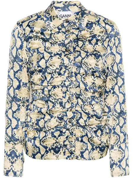  Ganni Snake-print Satin Shirt - Blue 