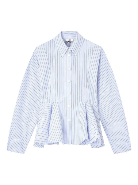  Ganni Stripe Peplum Cotton Shirt - Blue 