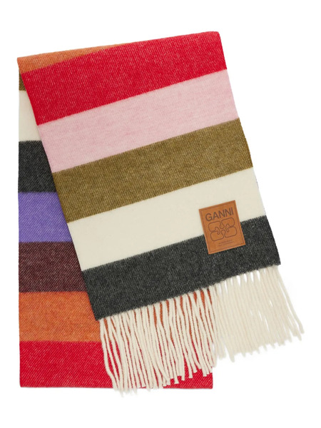  Ganni Striped Fringed Scarf - Red 