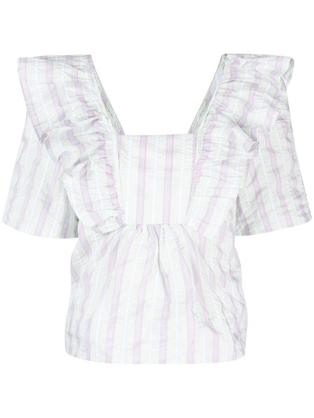  Ganni Striped Seersucker Ruffle Blouse - Green 