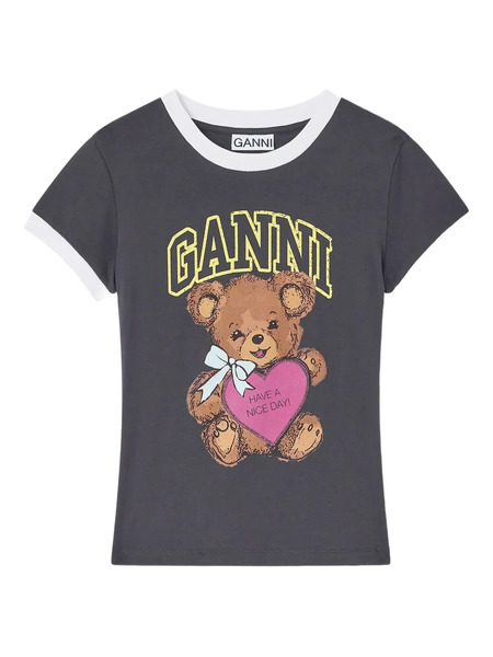  Ganni Teddy-print Ringer T-shirt - Grey 