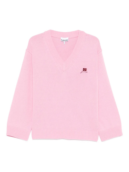  Ganni V-neck Embroidered Sweater - Pink 