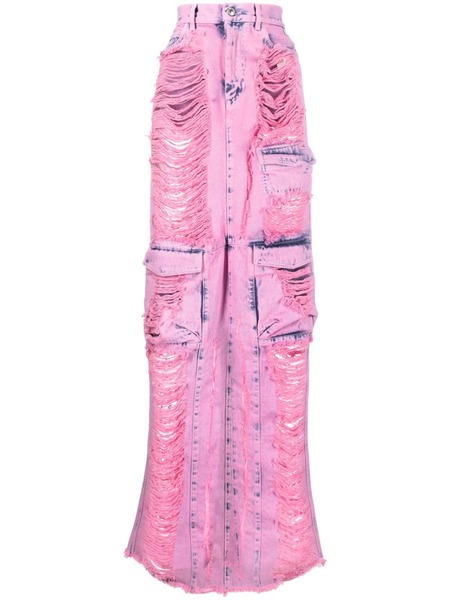  Gcds Frayed-denim Cargo Maxi Skirt - Pink 