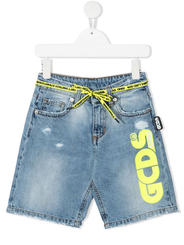  Gcds Kids Logo-print Denim Shorts - Blue 