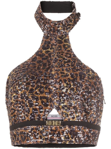 Gcds Leopard-print Halterneck Top - Black 