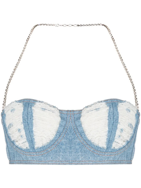  Gcds Ribbed Washed-denim Crop Top - Blue 