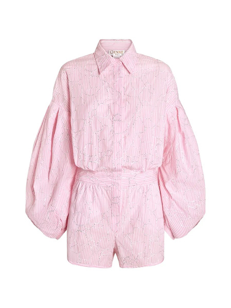  Genny Striped Balloon Sleeve Playsuit - Pink 