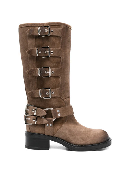  Gisel Moire Buckle-strap Square-toe Boots - Brown 