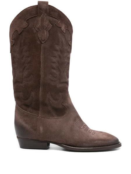  Gisel Moire Embroidered Suede Cowboy Boots - Brown 