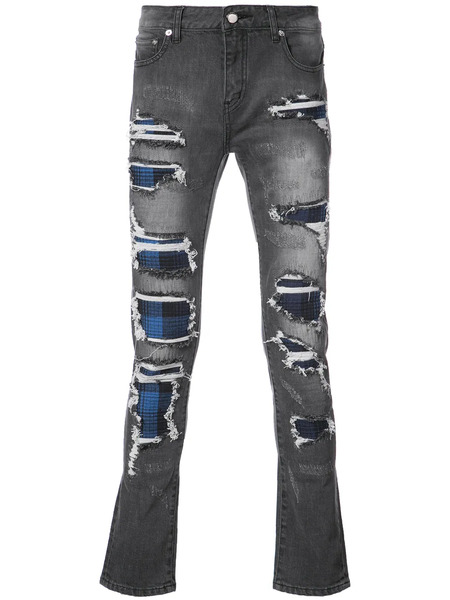  God's Masterful Children Strati Plaid Panel Distressed Jeans - Grey 