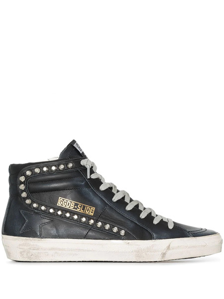  Golden Goose Slide Distressed Studded Sneakers - Black 