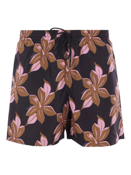  Gucci Floral Drawstring Swim Shorts - Brown 