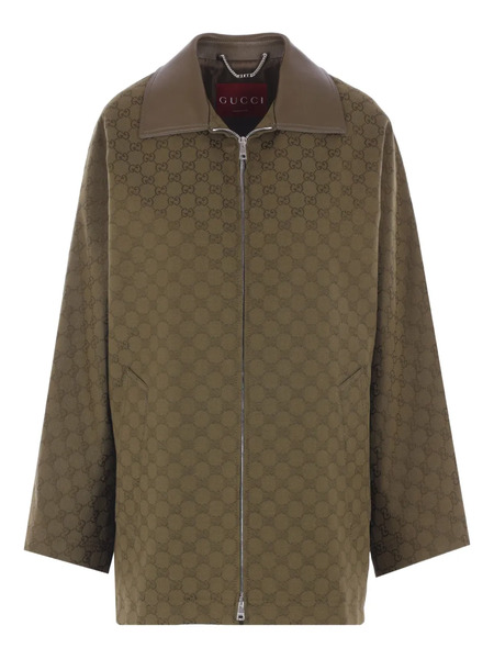  Gucci Gg Monogram Leather-collar Coat - Green 