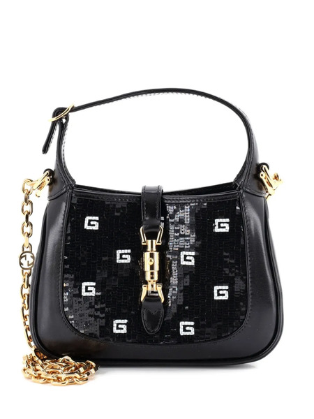  Gucci Pre-owned Jackie 1961 Chain Hobo Sequin Embellished Satin With Leather Mini Crossbody Bag - Black 