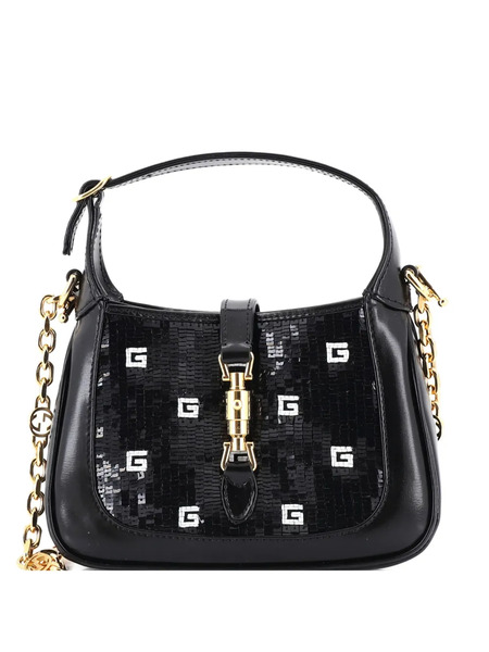  Gucci Pre-owned Jackie 1961 Chain Hobo Sequin Embellished Satin With Leather Mini Crossbody Bag - Black 