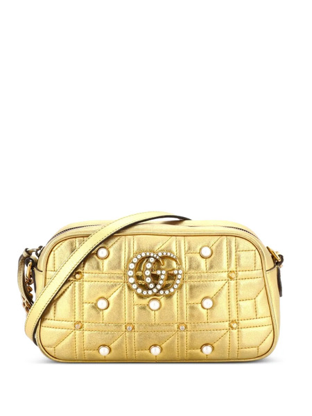  Gucci Pre-owned Pearly Gg Marmont Shoulder Bag Embellished Matelasse Leather Small Crossbody Bag - Gold 