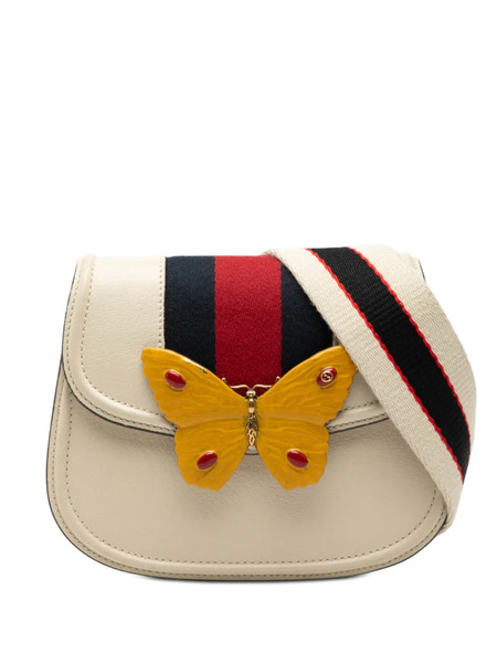  Gucci Pre-owned 2016-2025 Small Calfskin Web Linea Butterfly Totem Crossbody Bag - White 