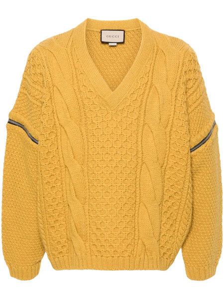  Gucci V-neck Cable-knit Wool Jumper - Yellow 