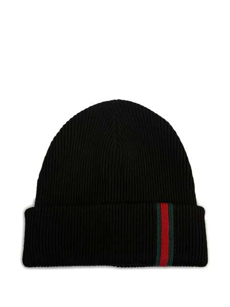  Gucci Web Stripe Ribbed Beanie - Black 