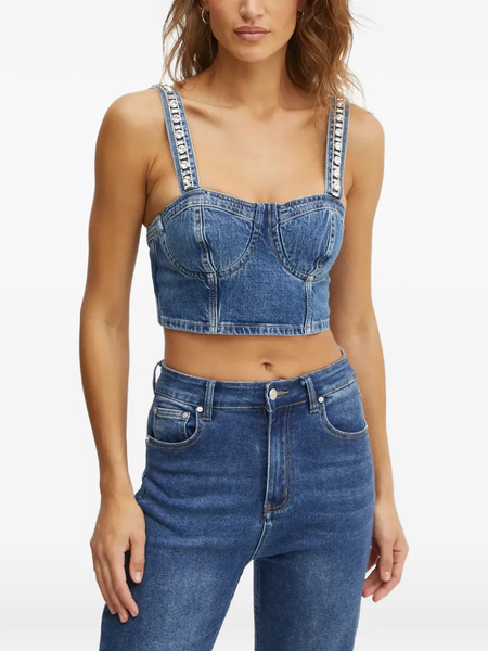  Guess Usa Embellishmed-strap Denim Top - Blue 
