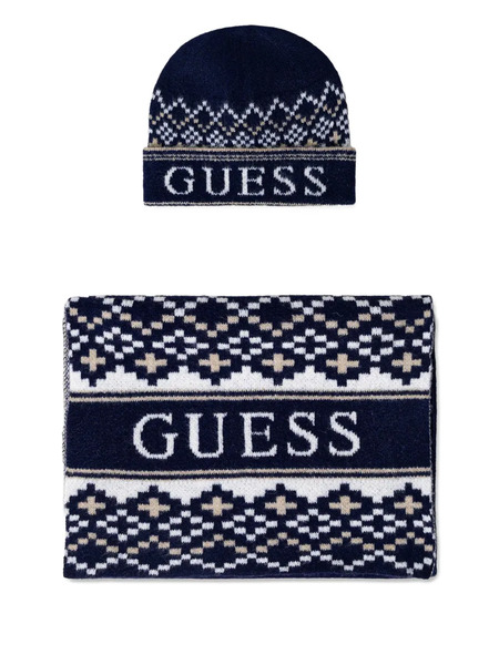  Guess Usa Patterned Scarf And Beanie Hat Set - Blue 