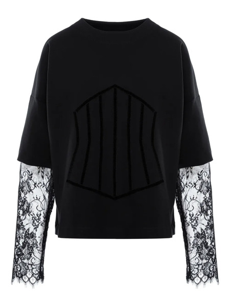  Hamza Venice Lace-sleeve Panelled Top - Black 