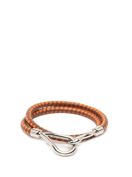  Hermès Pre-owned 2000-2025 Palladium Plated And Woven Leather Jumbo Hook Double Tour Bracelet Costume Bracelet - Brown 