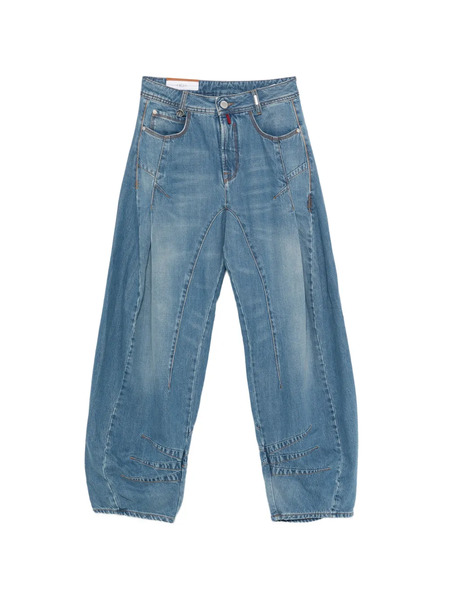  High Cheer Up Contrast-stitching Jeans - Blue 